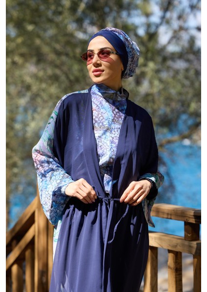 Blue Garden Desen Beli Bağcıklı Tasarım Tesettür Pareo modelleri