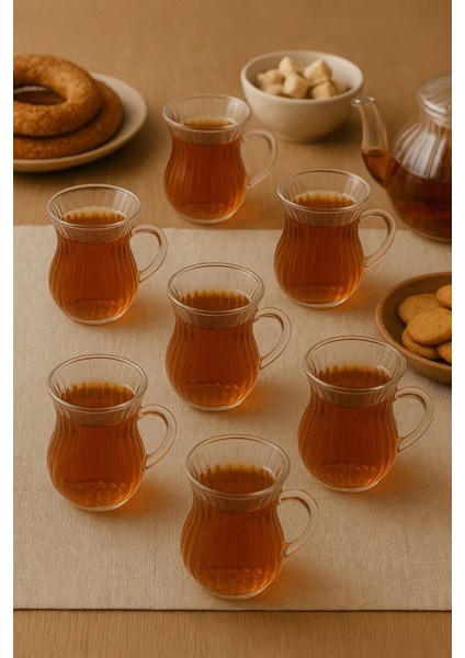 6'lı Borosilikat Cam Kulplu Modern Çizgili Çay Bardağı fiyatları