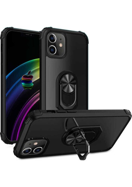 Apple iPhone 12 Kılıf Anti-Shock Darbe Önleyici Renkli Kenarlar, Metal Yüzüklü Kılıf