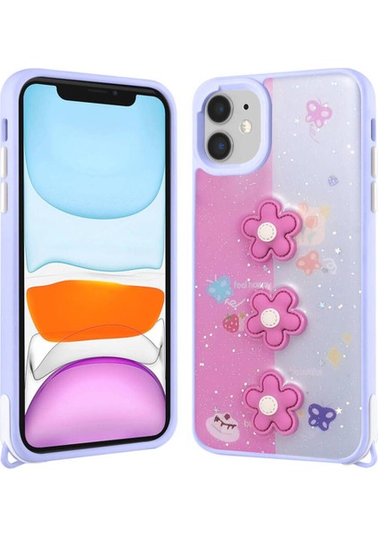 Apple iPhone 11 Kılıf Tam Koruma Parlayan Sıvılı Simli Kabartma Figürlü Kapak