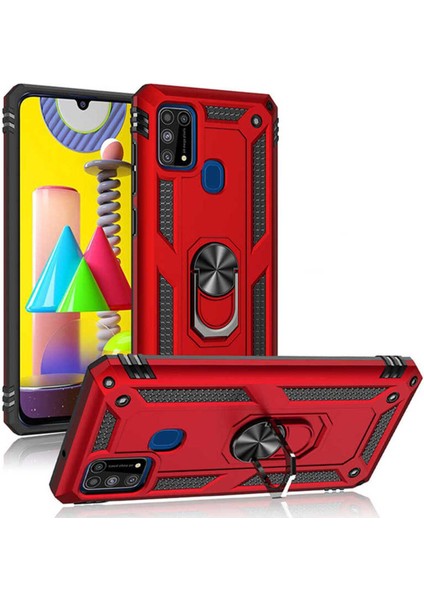Samsung Galaxy M31 Kılıf Çift Katmanlı Polikarbon Koruma ve Manyetik Tutucu Stand Yüzük