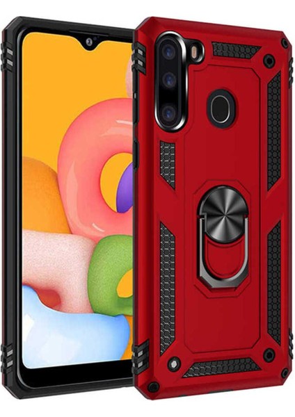 Samsung Galaxy A21 Kılıf Çift Katmanlı Polikarbon Koruma ve Manyetik Tutucu Stand Yüzük