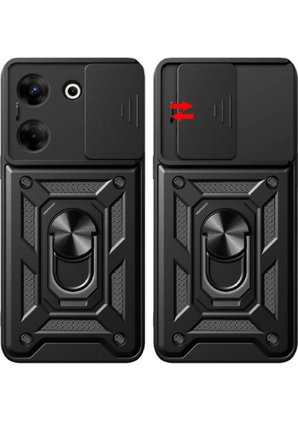 Tecno Camon 20 Pro 4g Kılıf Mıknatıslı Araç Tutucu Yüzük ve Kapaklı Lens Korumalı Sürgülü Tank Kılıf indirimleri