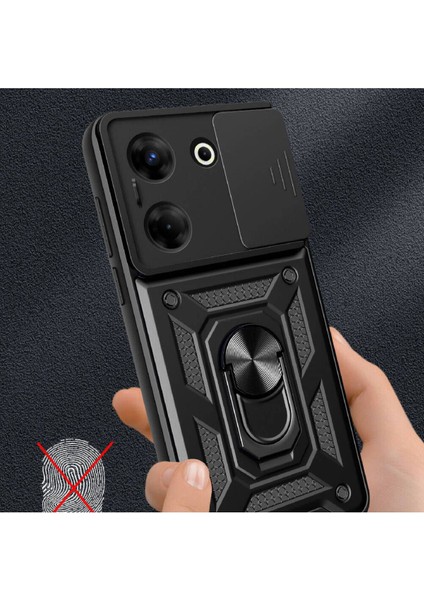 Tecno Camon 20 Pro 4g Kılıf Mıknatıslı Araç Tutucu Yüzük ve Kapaklı Lens Korumalı Sürgülü Tank Kılıf