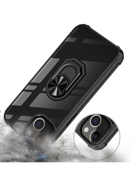 Apple iPhone 13 Kılıf Anti-Shock Darbe Önleyici Renkli Kenarlar, Metal Yüzüklü, Polikarbon Kılıf