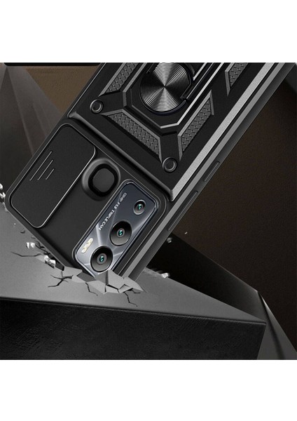Infinix Hot 12I Kılıf Mıknatıslı Araç Tutucu Yüzük ve Kapaklı Lens Korumalı Sürgülü Tank Kılıf