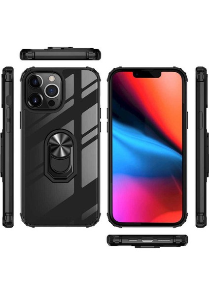 Apple iPhone 13 Pro Max Kılıf Anti-Shock Darbe Önleyici Renkli Kenarlar, Metal Yüzüklü Kılıf