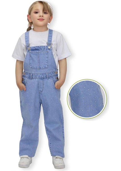 Kız Çocuk Taş Detaylı Kot Salopet