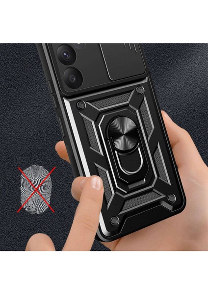 Samsung Galaxy A35 Kılıf Mıknatıslı Araç Tutucu Yüzük ve Kapaklı Lens Korumalı Sürgülü Tank Kılıf