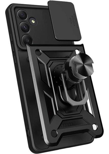 Samsung Galaxy A35 Kılıf Mıknatıslı Araç Tutucu Yüzük ve Kapaklı Lens Korumalı Sürgülü Tank Kılıf