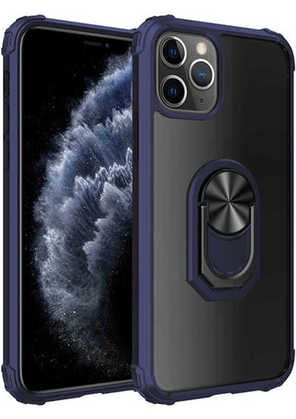 Apple iPhone 11 Pro Max Kılıf Anti-Shock Darbe Önleyici Renkli Kenarlar, Metal Yüzüklü Kılıf
