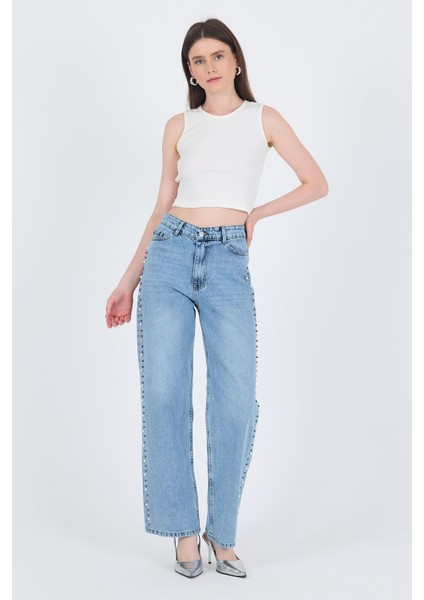 Buzkar Yanları Inci Işlemeli Yüksek Bel Straight Jean Pantolon 3312