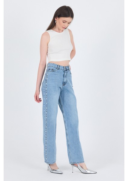 Buzkar Yanları Inci Işlemeli Yüksek Bel Straight Jean Pantolon 3312 fiyatları