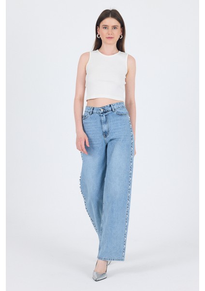 Buzkar Yanları Inci Işlemeli Yüksek Bel Straight Jean Pantolon 3312 modelleri