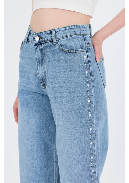 Buzkar Yanları Inci Işlemeli Yüksek Bel Straight Jean Pantolon 3312 fırsatları