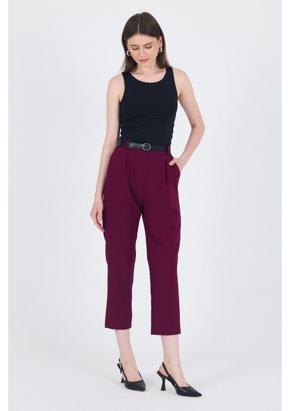 Bordo Yüksek Bel Kemerli Havuç Kesim Pantolon 6418A