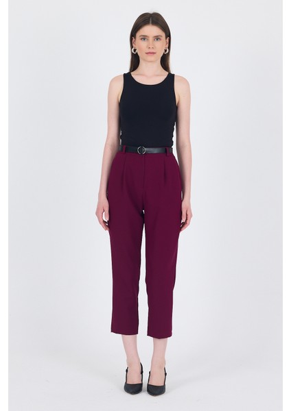 Bordo Yüksek Bel Kemerli Havuç Kesim Pantolon 6418A modelleri