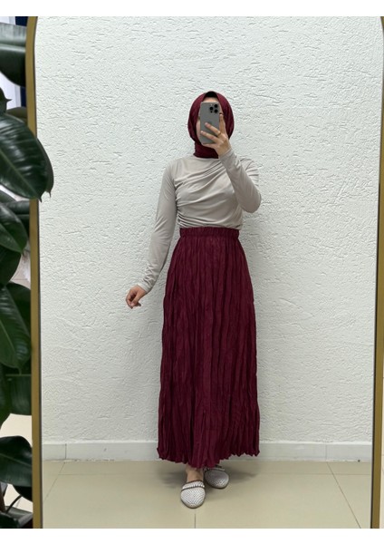 Tirola Kırışık Kumaş ETEK-KN4514 Bordo