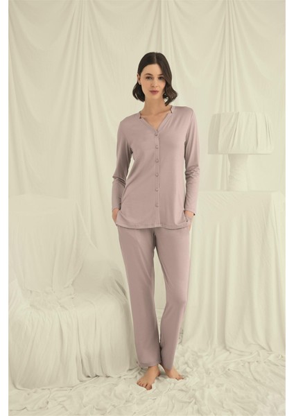 Kadın Uzun Kollu Boydan Düğmeli V Yaka Pijama Takımı 18675 fiyatları