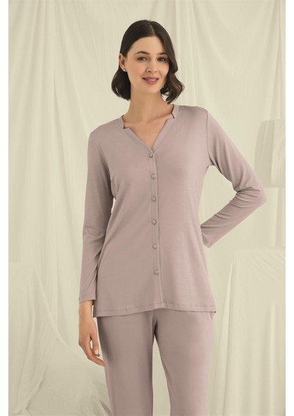 Kadın Uzun Kollu Boydan Düğmeli V Yaka Pijama Takımı 18675 indirimleri