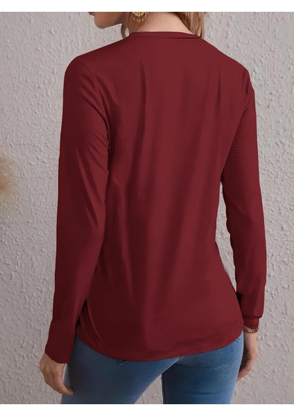 Kadın Uzun Kollu Bisiklet Yaka Desenli Viskon Bluz