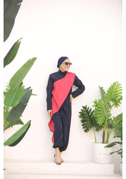 Ocean Fuşya Şeritli Lacivert Tasarım Tesettür Tulum Mayo