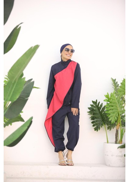 Ocean Fuşya Şeritli Lacivert Tasarım Tesettür Tulum Mayo fiyatları