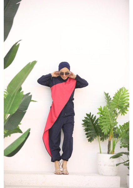 Ocean Fuşya Şeritli Lacivert Tasarım Tesettür Tulum Mayo modelleri