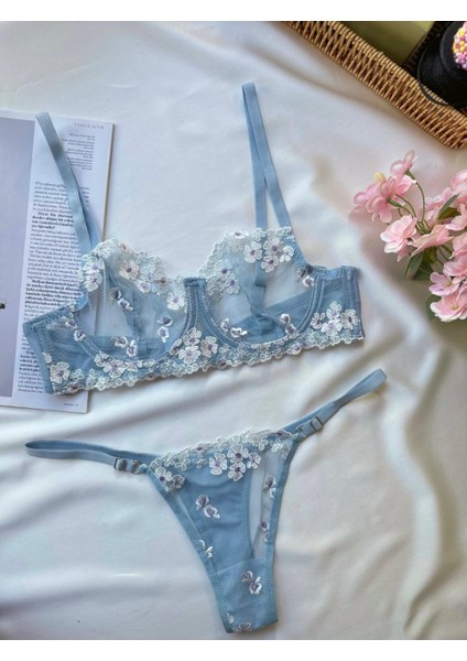 Elsa Çiçekli Balenli Dantel Bralet Sütyen Takım