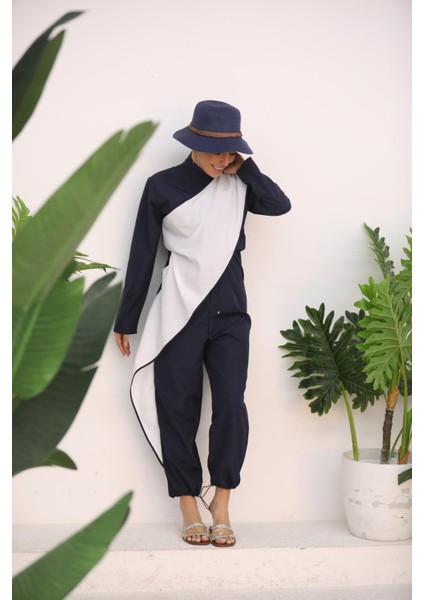 Ocean Beyaz Şeritli Lacivert Tasarım Tesettür Tulum Mayo