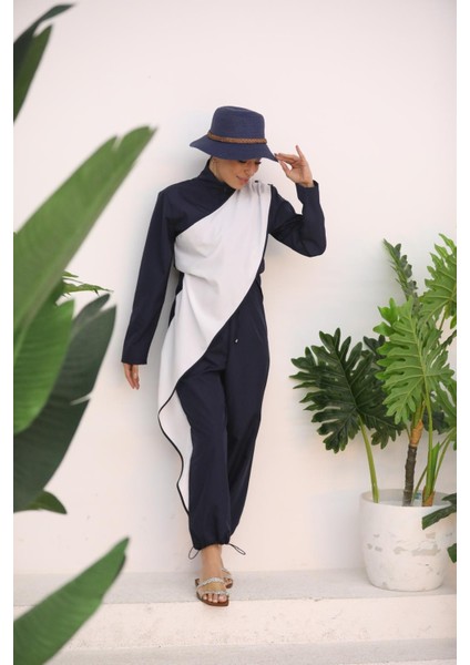 Ocean Beyaz Şeritli Lacivert Tasarım Tesettür Tulum Mayo fiyatları