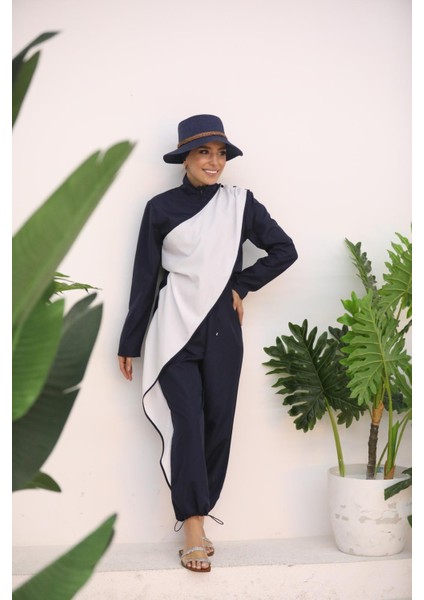 Ocean Beyaz Şeritli Lacivert Tasarım Tesettür Tulum Mayo modelleri