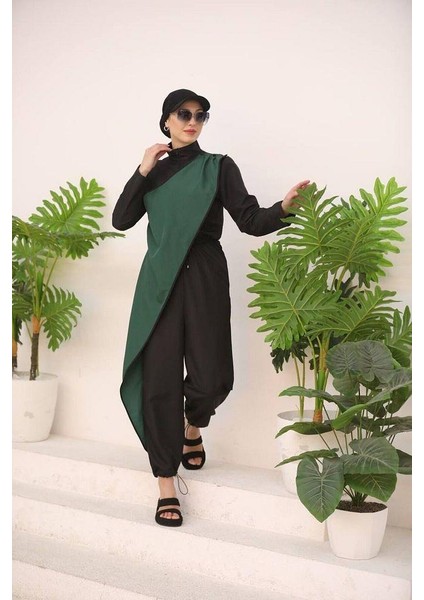 Ocean Yeşil Şeritli Tasarım Tesettür Tulum Mayo