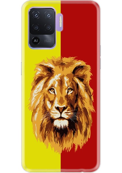 Oppo Reno 5 Lite Kılıf Silikon Desenli Resimli Uv Kapak Sarı Kırmızı Parçalı Aslan