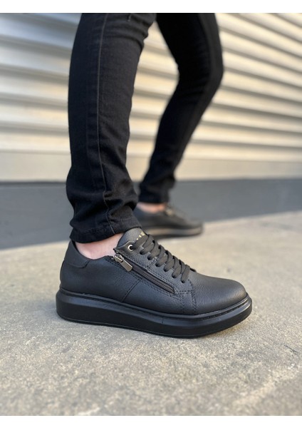 JY155 Warrior Bağcıklı ve Fermuarlı Cilt Erkek Günlük Sneaker Ayakkabı Cst - Siyah
