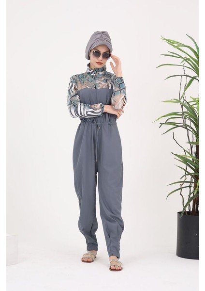 Dream Gri Desen Tasarım Tesettür Paraşüt Kumaş Tulum Mayo