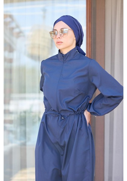 Paçası Pileli Lacivert Tasarım Tesettür Paraşüt Kumaş Tulum Mayo fiyatları