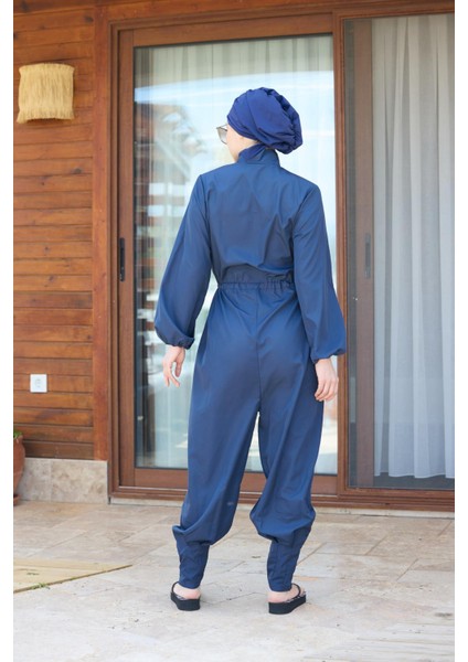 Paçası Pileli Lacivert Tasarım Tesettür Paraşüt Kumaş Tulum Mayo fırsatları