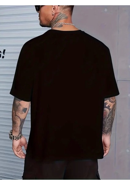Baskılı Oversize Bisiklet Yaka T-Shirt - Siyah