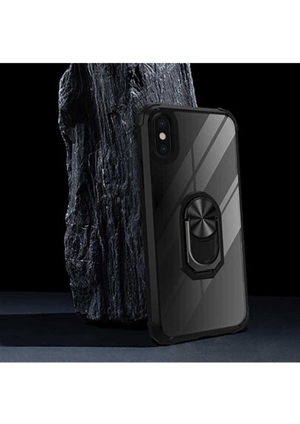 Apple iPhone Xs Max 6.5 Kılıf Anti-Shock Darbe Önleyici Renkli Kenarlar, Metal Yüzüklü Kılıf