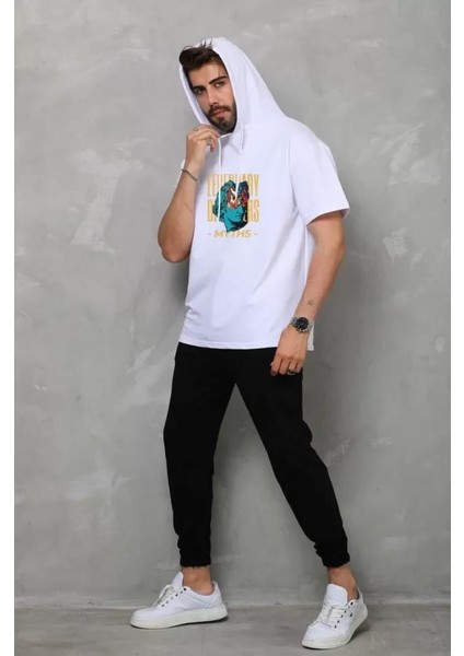 Unisex Kapşonlu Kolsuz Oversize Baskılı Tişört - Beyaz fiyatları
