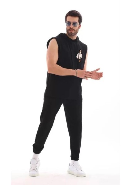 Unisex Kapşonlu Kolsuz Oversize Baskılı Tişört - Siyah