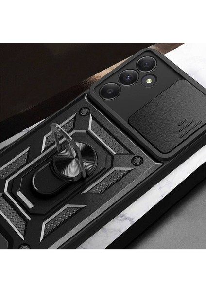 Samsung Galaxy A35 Kılıf Mıknatıslı Araç Tutucu Yüzük ve Kapaklı Lens Korumalı Sürgülü Tank Kılıf