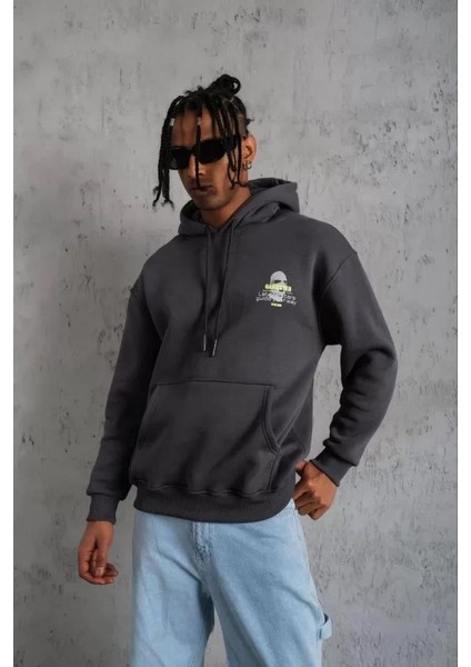 Erkek Kordonlu Maske Baskılı Kapşonlu Sweat - Gri