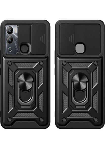 Infinix Hot 12I Kılıf Mıknatıslı Araç Tutucu Yüzük ve Kapaklı Lens Korumalı Sürgülü Tank Kılıf