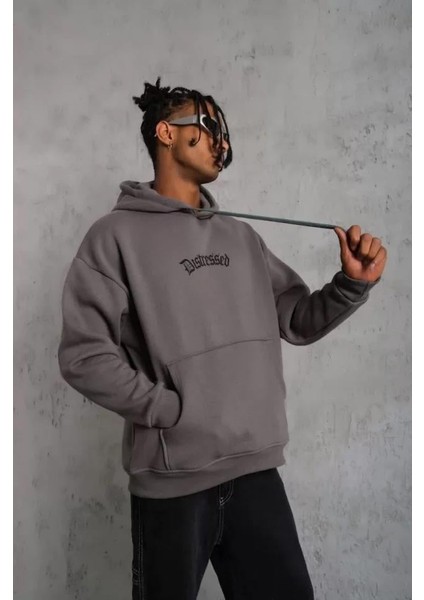 Erkek Üç Iplik Baskılı Kapüşonlu Sweat - Gri