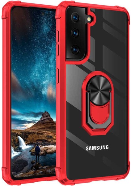Samsung Galaxy S21 Fe Kılıf Anti-Shock Darbe Önleyici Renkli Kenarlar, Metal Yüzüklü Kılıf