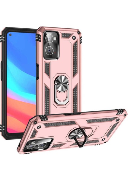 Oppo A76 Kılıf Çift Katmanlı Polikarbon Koruma ve Manyetik Tutucu Stand Yüzük