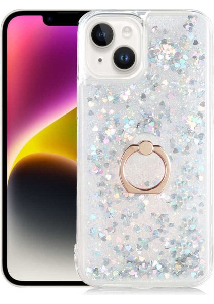 Apple iPhone 14 Kılıf Akışkan Hareketli Özel Simli Sıvı Dolgulu Parlak Sim ve Yüzüklü K-Pop Kapak