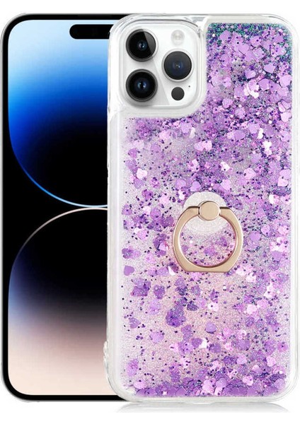 Apple iPhone 14 Pro Max Kılıf Akışkan Özel Simli Sıvı Dolgulu Parlak Sim ve Yüzüklü K-Pop Kapak